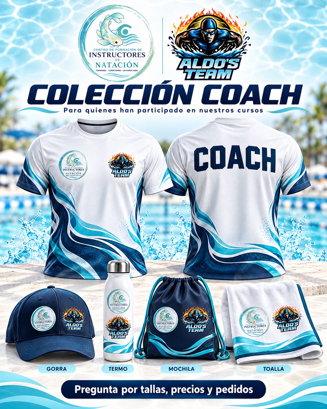 Colección Coach con playera, gorra, termo, mochila y toalla de natación